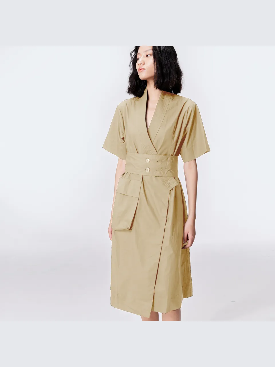 Smart & Joy Katoenen kimono wrap jurk beige, foto 2
