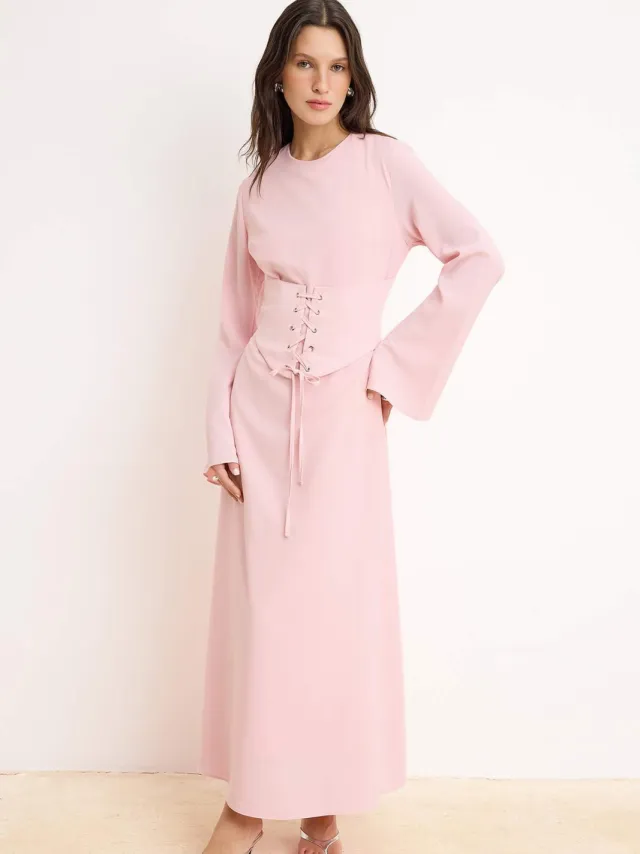Turkishsouq Roze platte maxi-jurk voor dames, lange chique/nachtelijke A-lijn bescheiden avondjurk