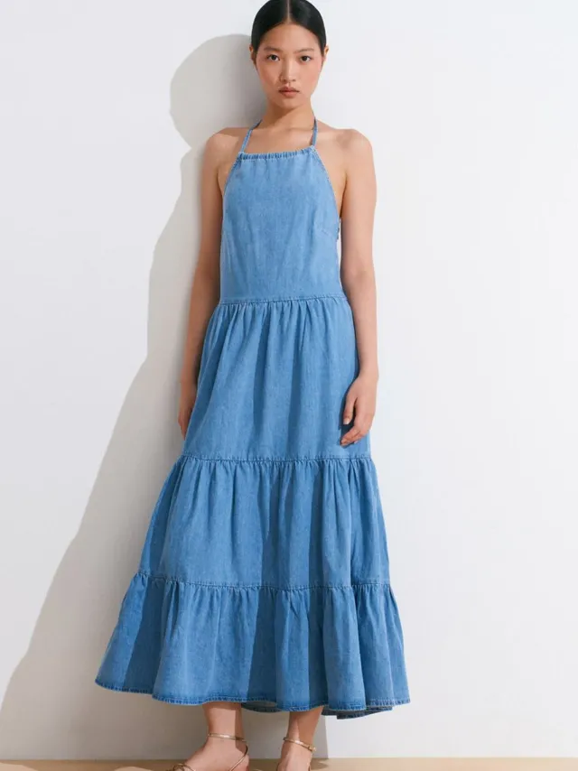 Dilvin Dames Katoenen Denim Midi-jurk Lichtblauw