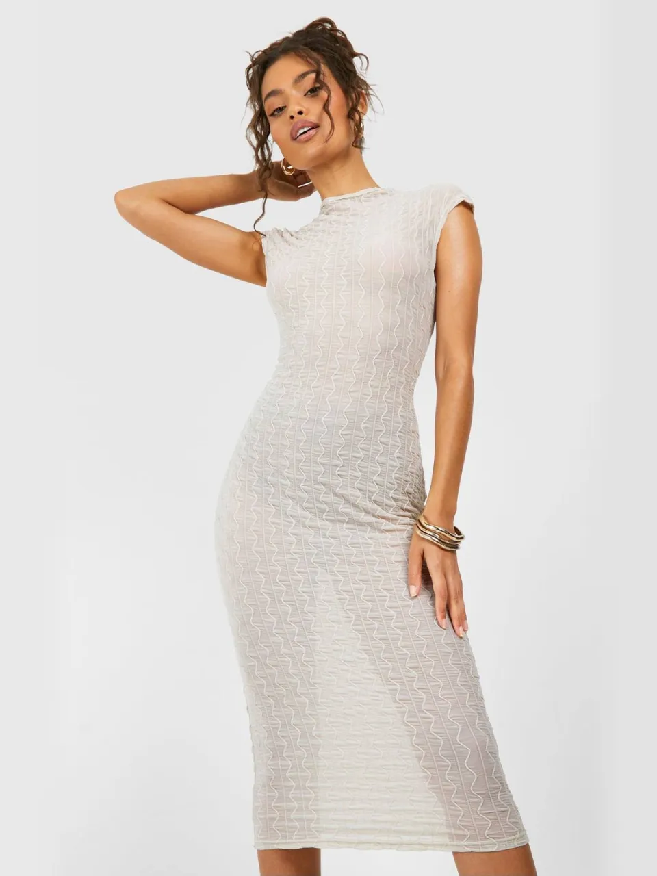 boohoo Dames Midaxi-jurk met trechterhals, textuur en capmouwen ivoor, foto 2
