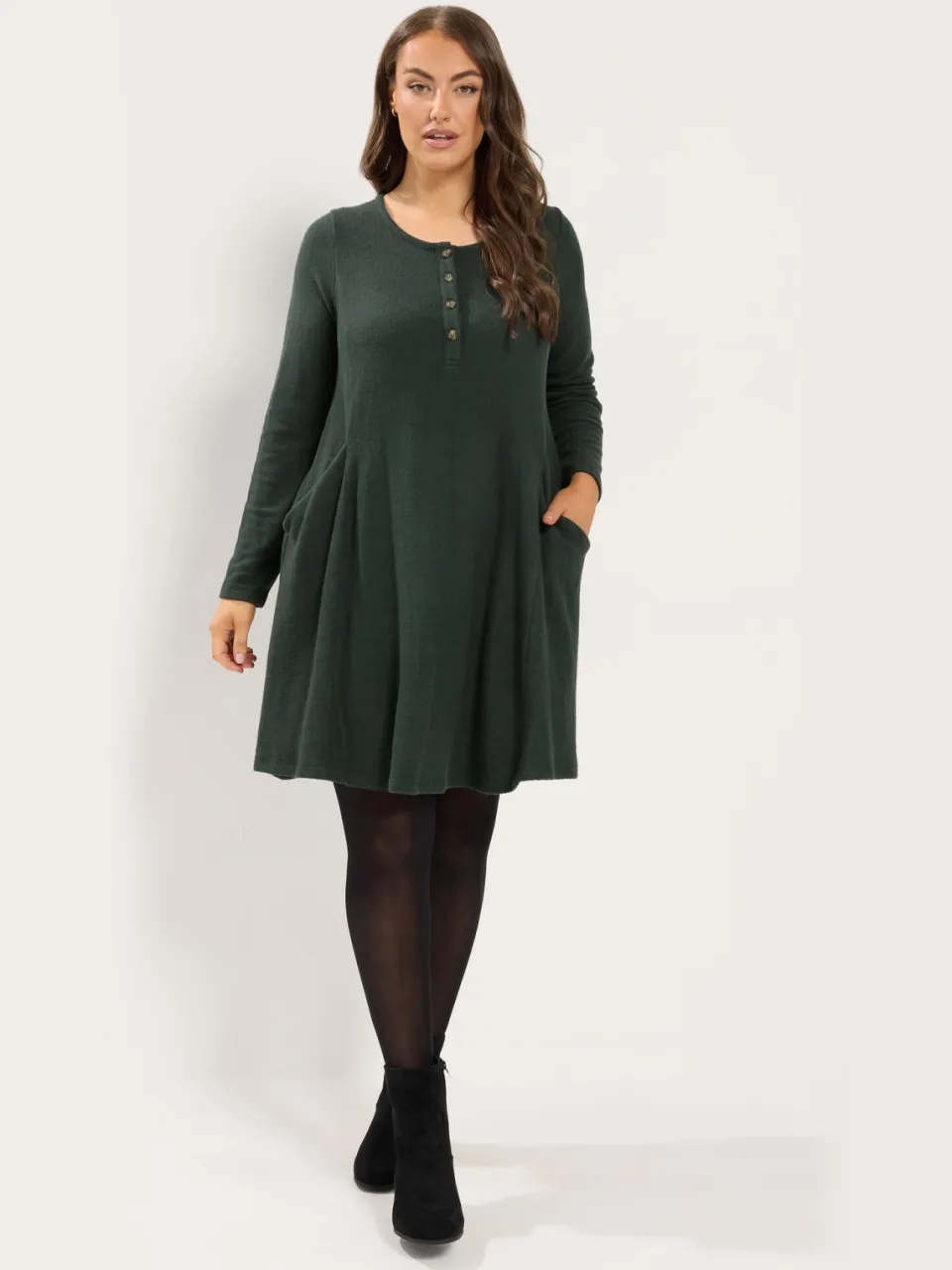 Yours Kaki Groene Gedrapeerde Henleyjurk Met Zakken, foto 2