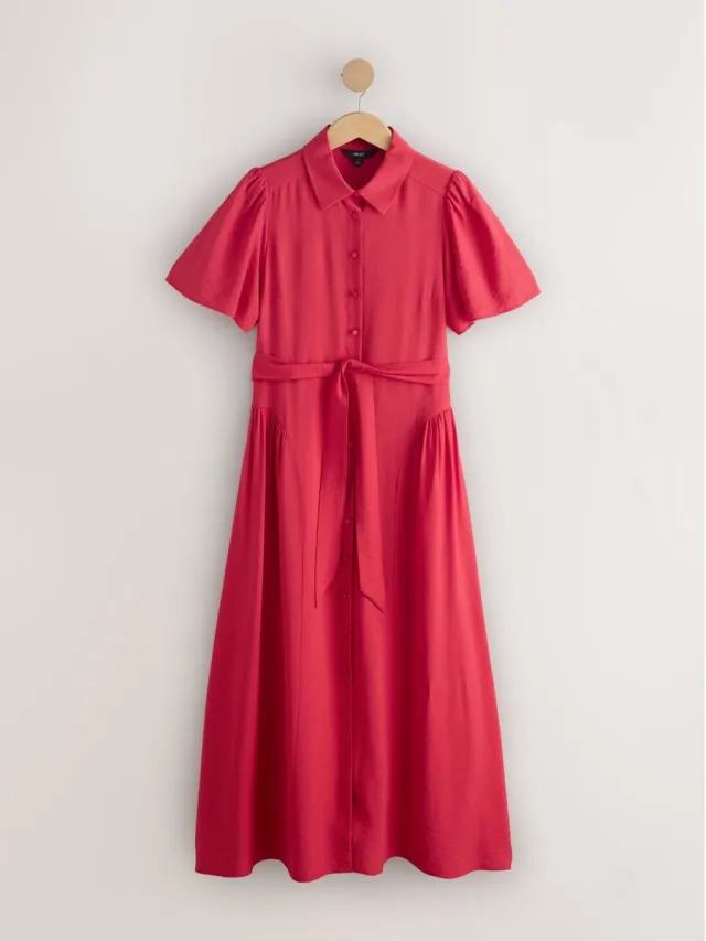 Next Dames - Midi-overhemdjurk met korte mouwen en nauwsluitende taille - Rood Red