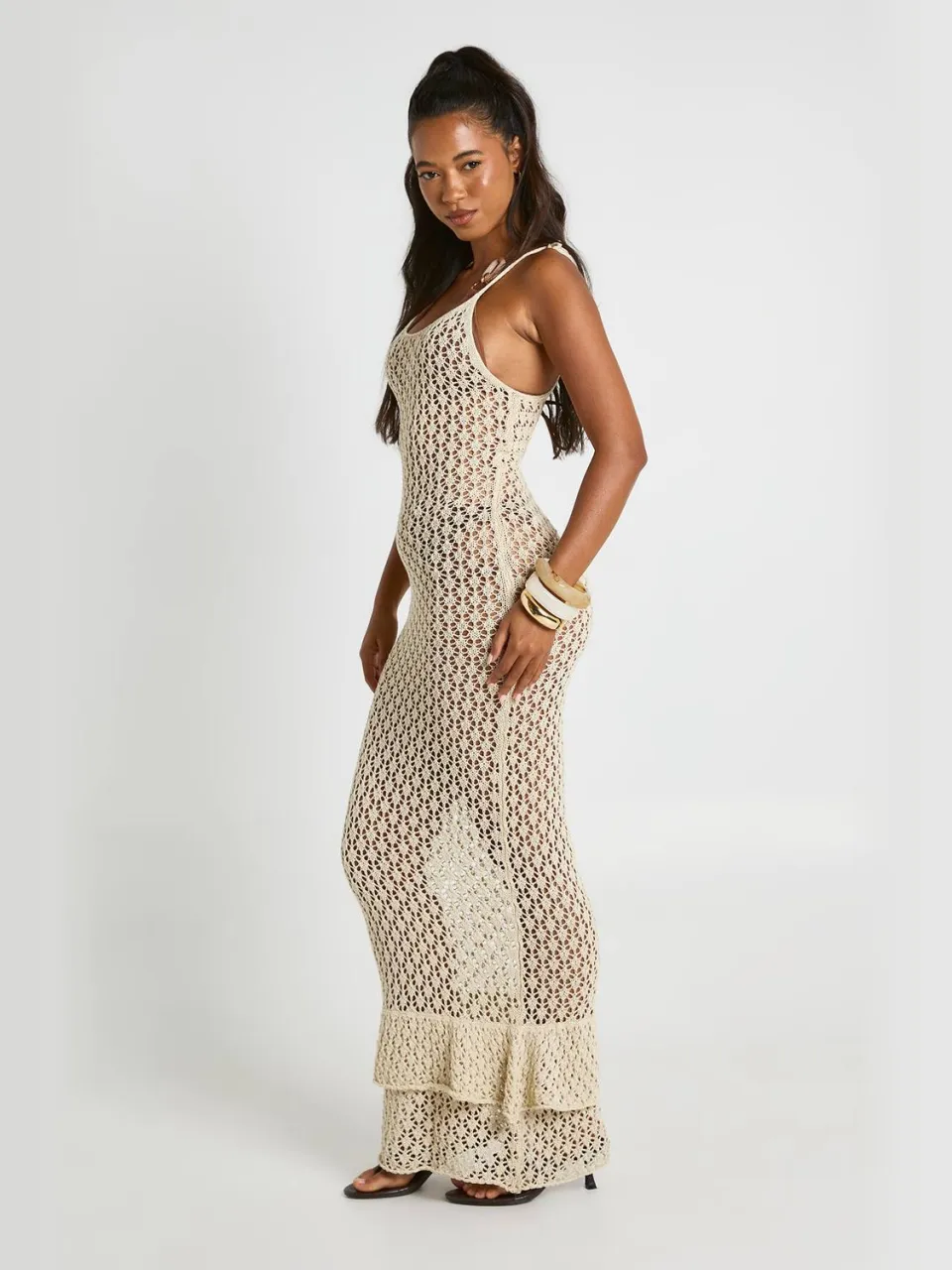 boohoo Dames Strand Gehaakte Maxi-jurk Met Strikbandjes steen, foto 3