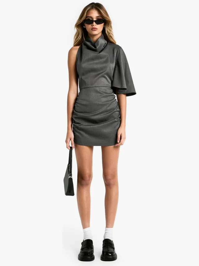 boohoo Dames High Cowl Asymmetrische Mini Jurk houtskool