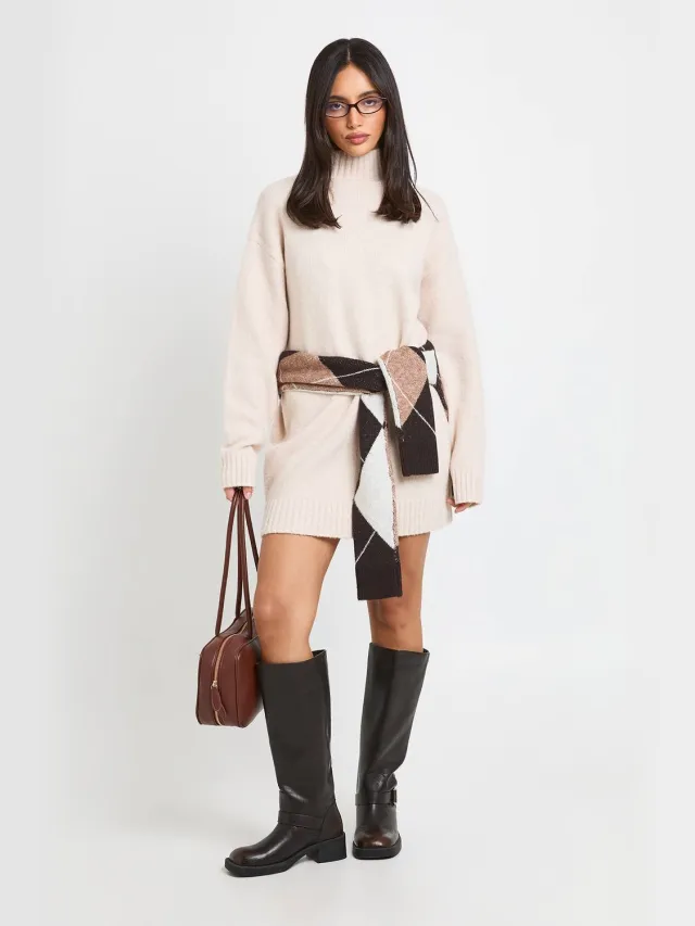 boohoo Dames Gebreide Mini-jurk Met Hoge Col Steen