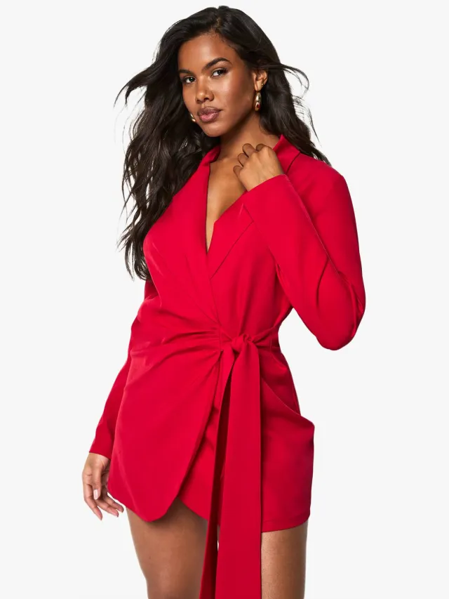 boohoo Dames Linnenlook Wrap Drape Front Op Maat Gemaakte Blazerjurk Rood