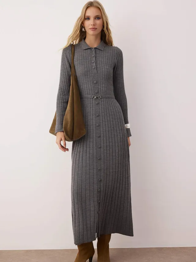 Turkishsouq Grijze platte maxi-jurk voor dames, lange casual/casual A-lijn jurk met hijab Grijs
