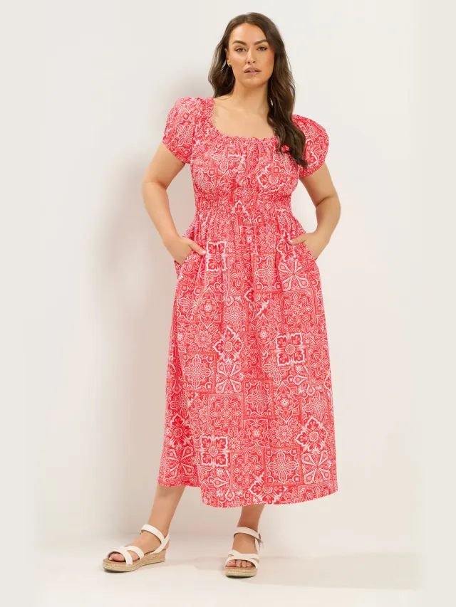 Yours Rode Paisley Poplin Bardotjurk Red