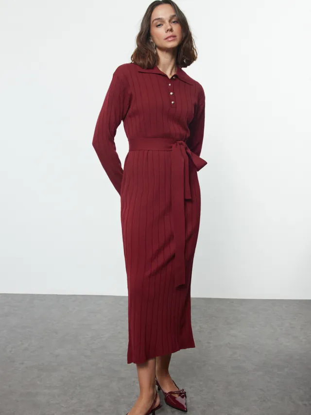 Trendyol Modest Dames Bordeaux Effen Maxi Lang Casual Recht Modest Jurken Bordeauxrood