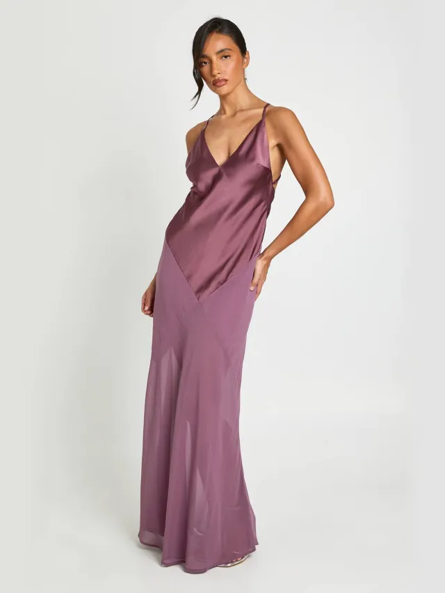 boohoo Dames Satijn & Chiffon Mix Maxi Jurk Mauve