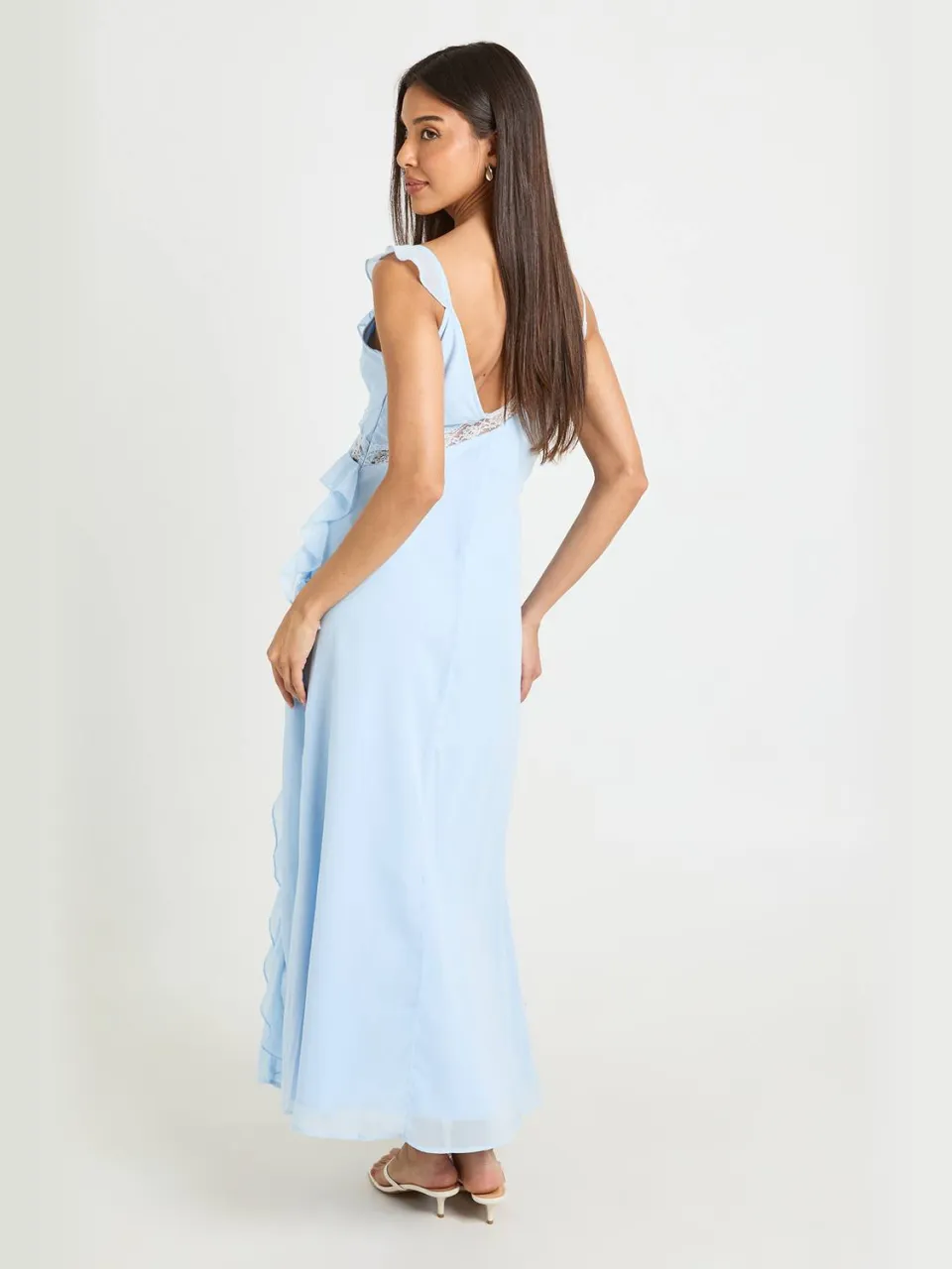 boohoo Dames Chiffon Kanten Midaxi Jurk Met Ruches pastelblauw, foto 2