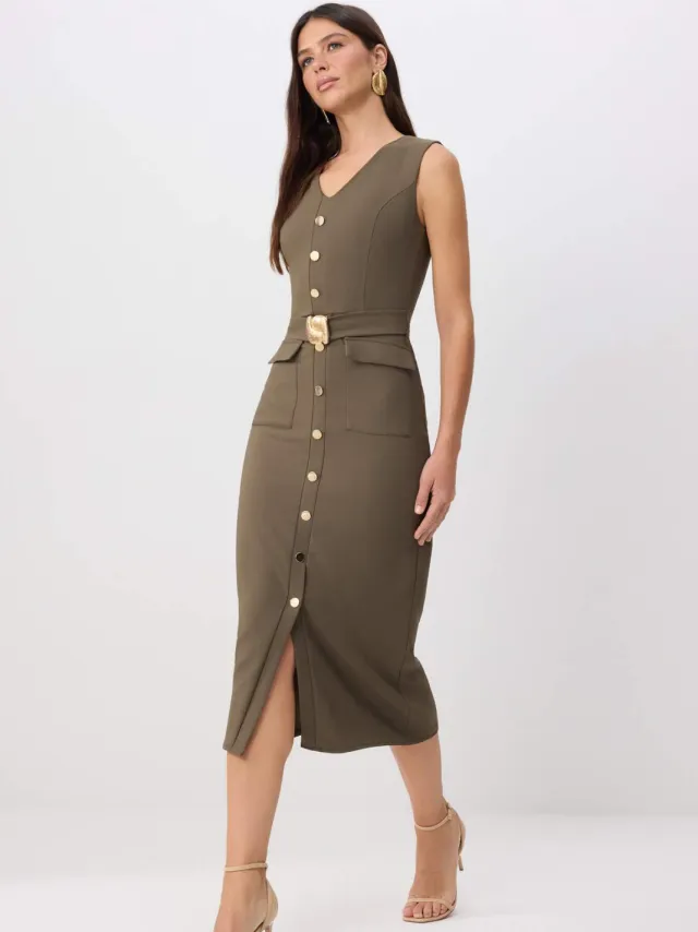 Trendyol TRENDYOLMİLLA Dames Kaki Effen Midi Mouwloos Avond / Dagelijks Bodycon Jurken