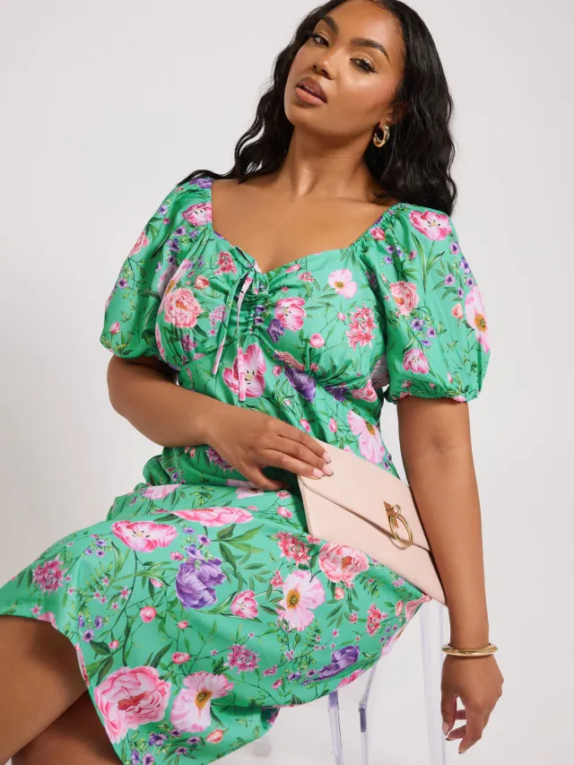 Yours London Midi Jurk Met Bloemenmotief En Korte Mouwen In Groen Green