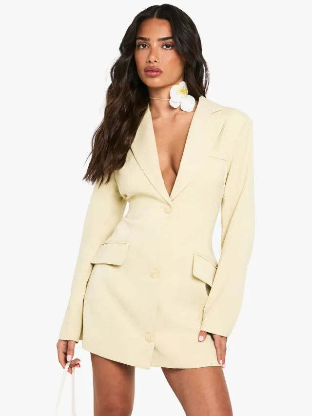boohoo Dames Petite Getailleerde Gestructureerde Blazerjurk met Geaccentueerde Taille Citroen