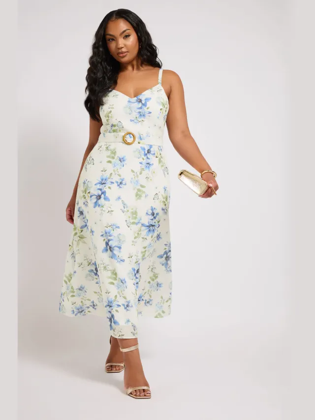 Yours London Midaxi Jurk Zonder Mouwen Met Bloemenmotief In Ivoor/Blauw White