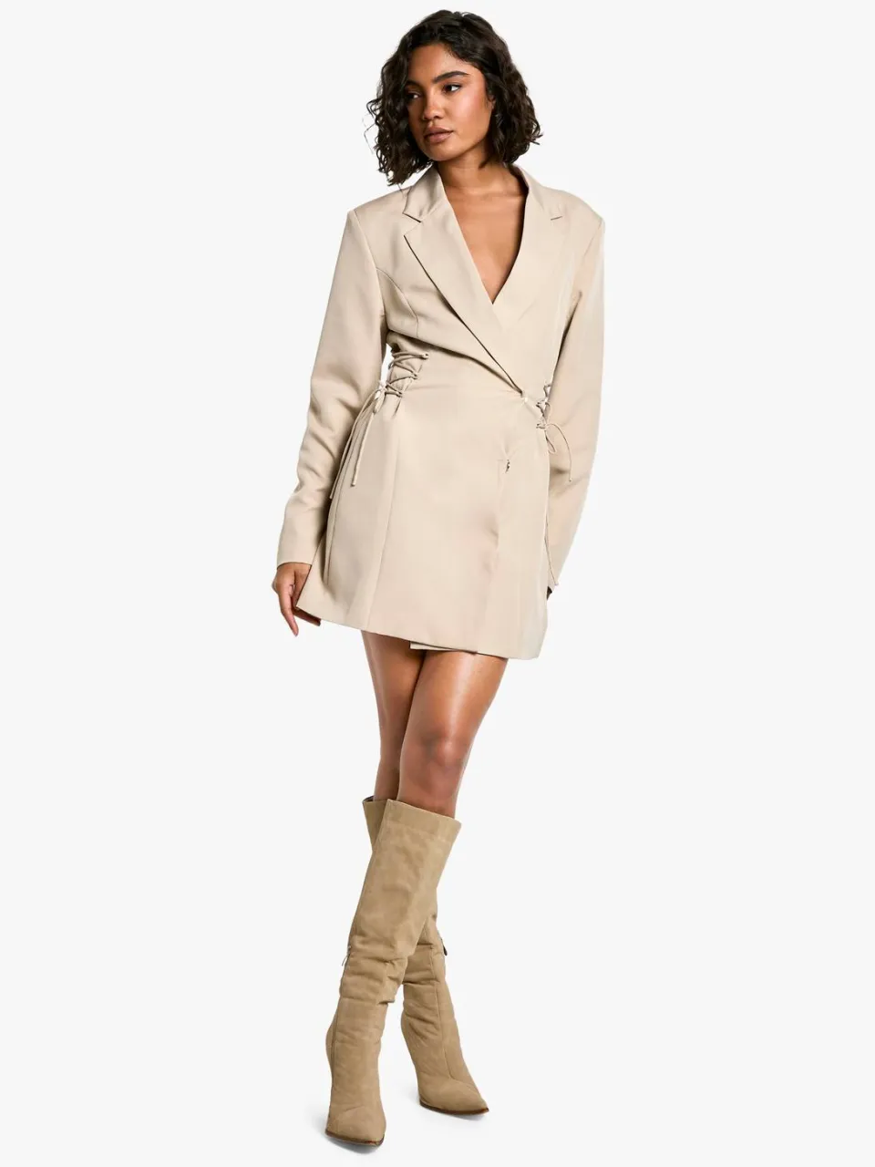 boohoo Dames Lange blazerjurk met zij-vetersluiting taupe, foto 2