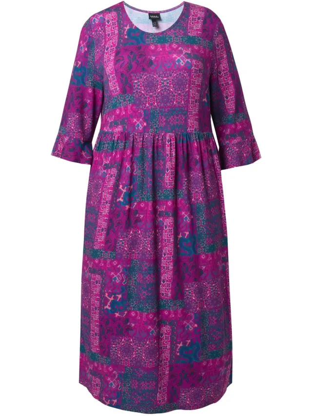 Ulla Popken Dames - Jersey midi-jurk patchprint A-lijn ronde hals 3/4-mouwen - Licht pruim - Maat 50+