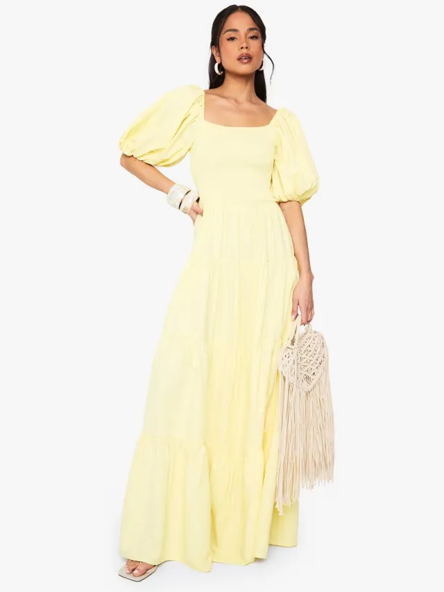 boohoo Dames Extreme Pofmouwen Geroffelde Maxi Smock Jurk Citroen