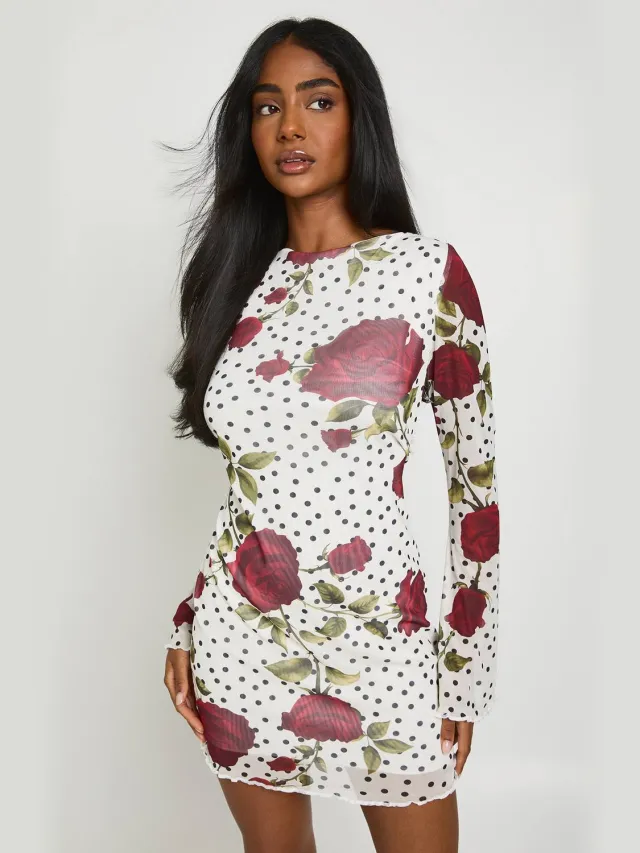 boohoo Dames Gebloemde Polkadot Mini-jurk Met Uitlopende Mouwen Ivoor