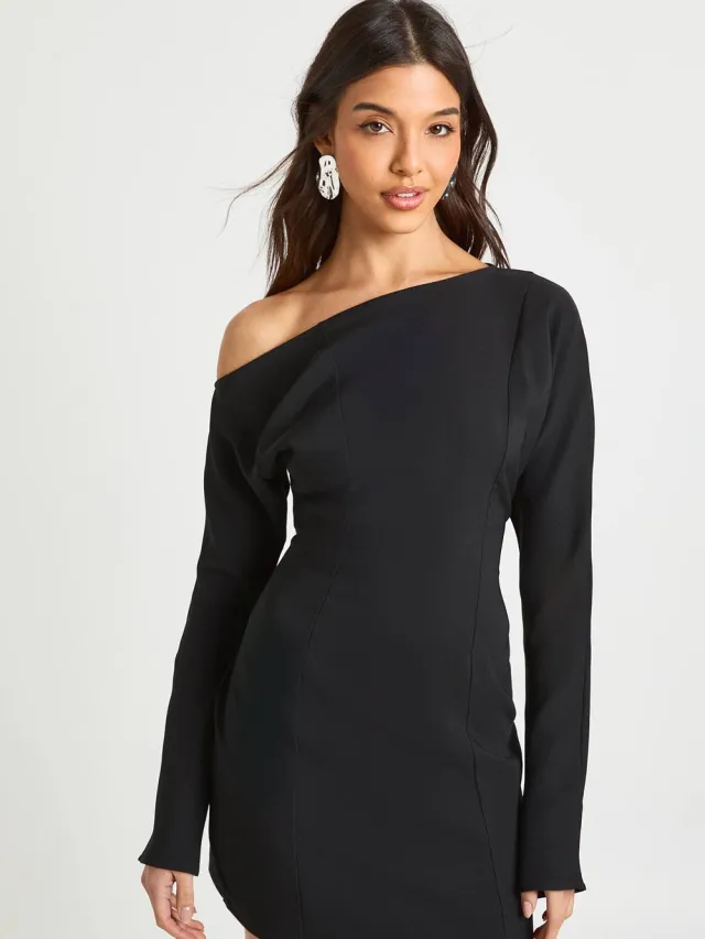 boohoo Dames Gestructureerde Bardot Mini Shift Jurk zwart