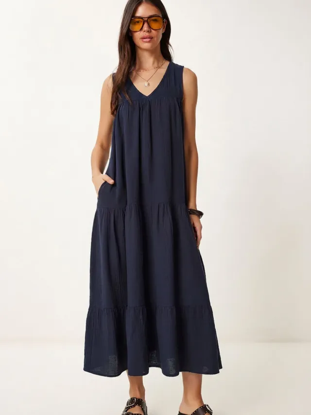 Happiness Istanbul Rimpel V-hals Midi-jurk Marineblauw