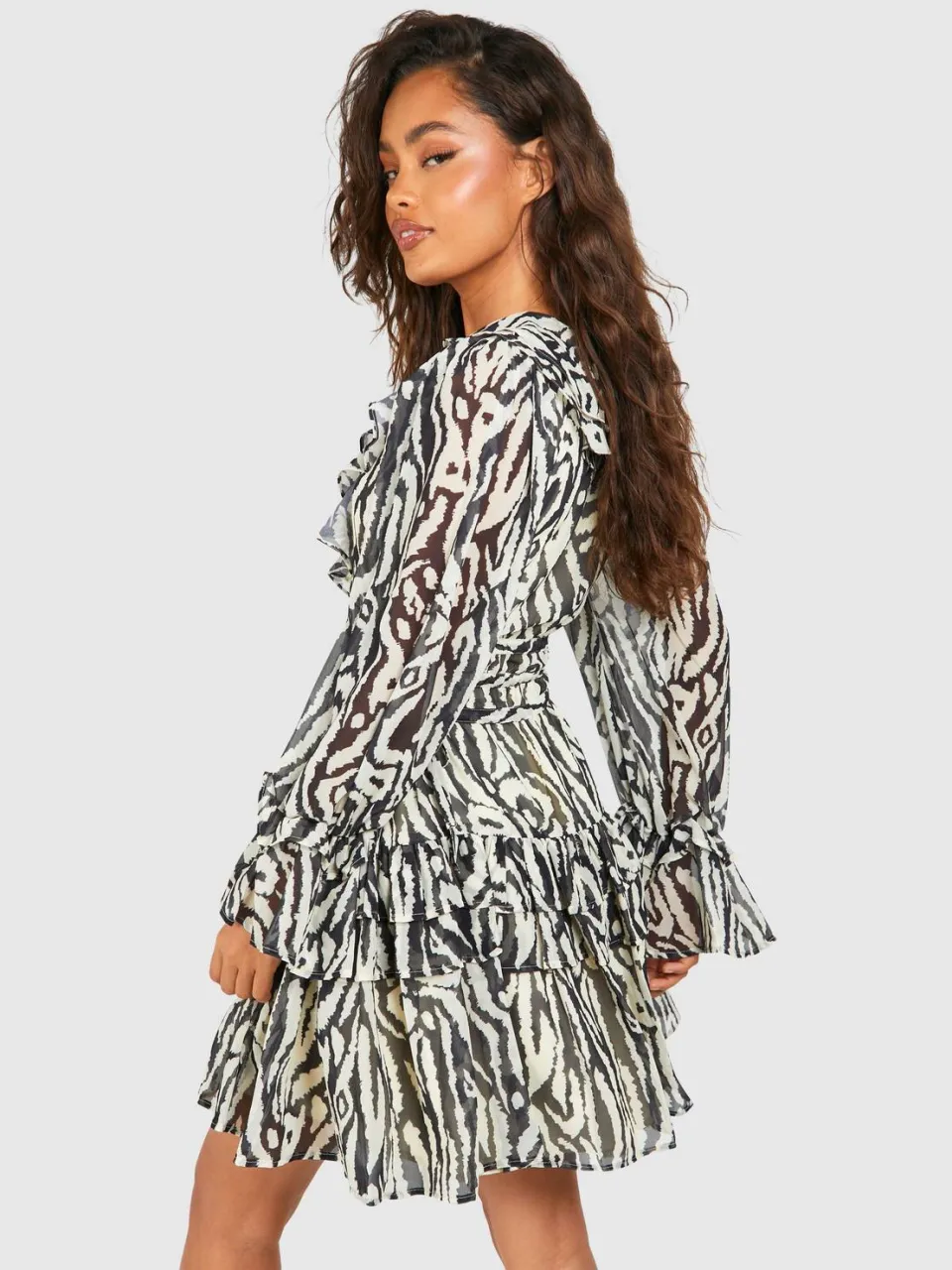 boohoo Dames Animalprint Chiffon Ruffle Smock Jurk zwart, foto 2