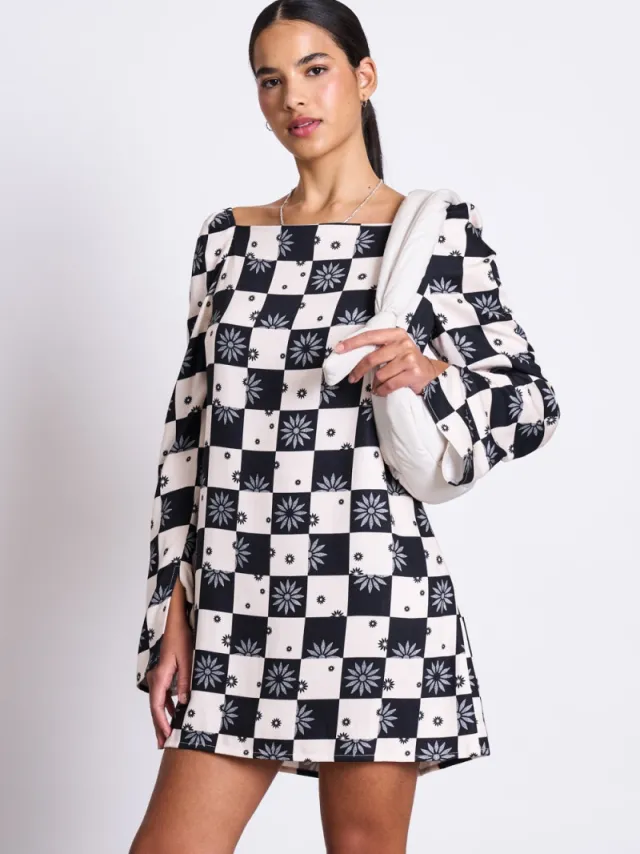 JAN N JUNE dames vegan Mini Jurk Glad Bloemenprint Met Vierkantjes Zwart
