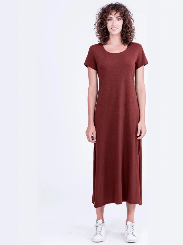 RAVENS VIEW IBIZA dames vegan Midi Jurk Uma Donker Granaatrood Donkerrood