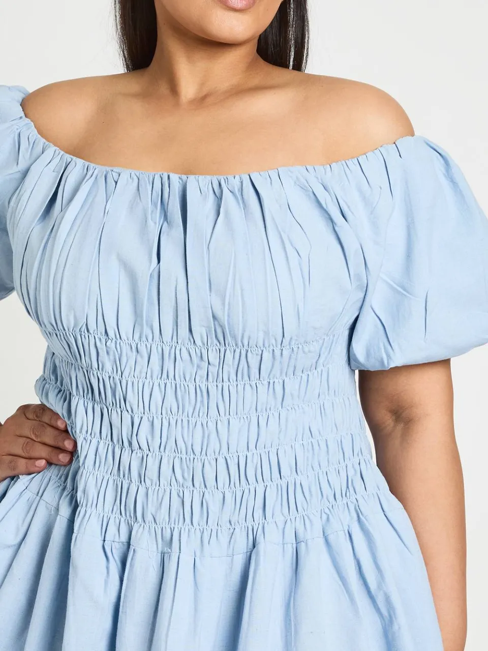 boohoo Dames Plus Linnen-look Mini Jurk Met Pofmouwen En Gerimpelde Bovenkant pastelblauw, foto 4