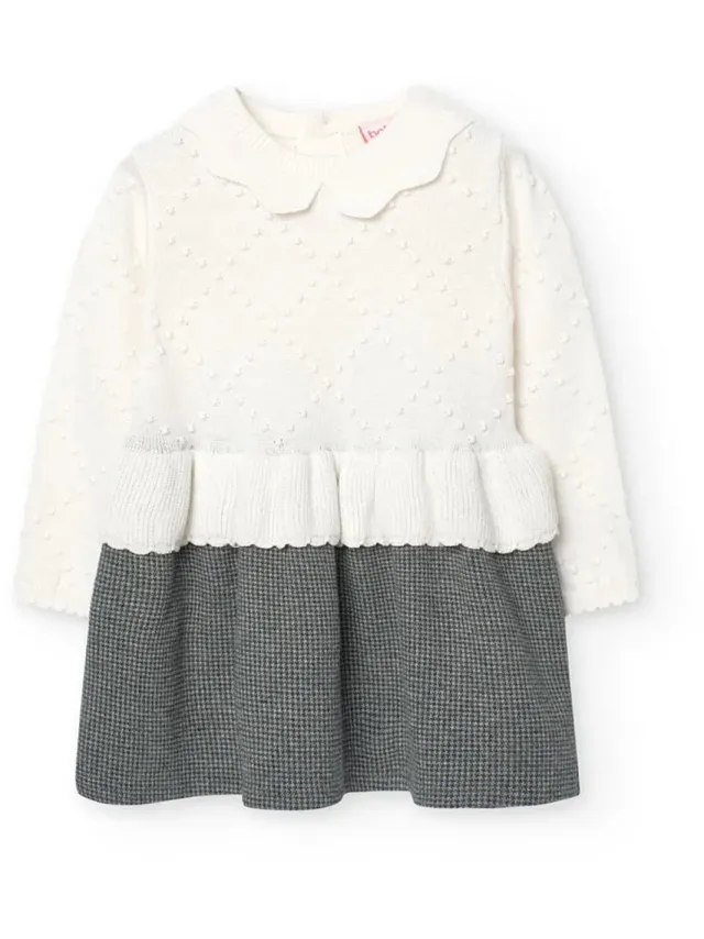 boboli Knitwear Combined Lang Mouw Jurk Wit,Grijs 7 Years Meisje Off White