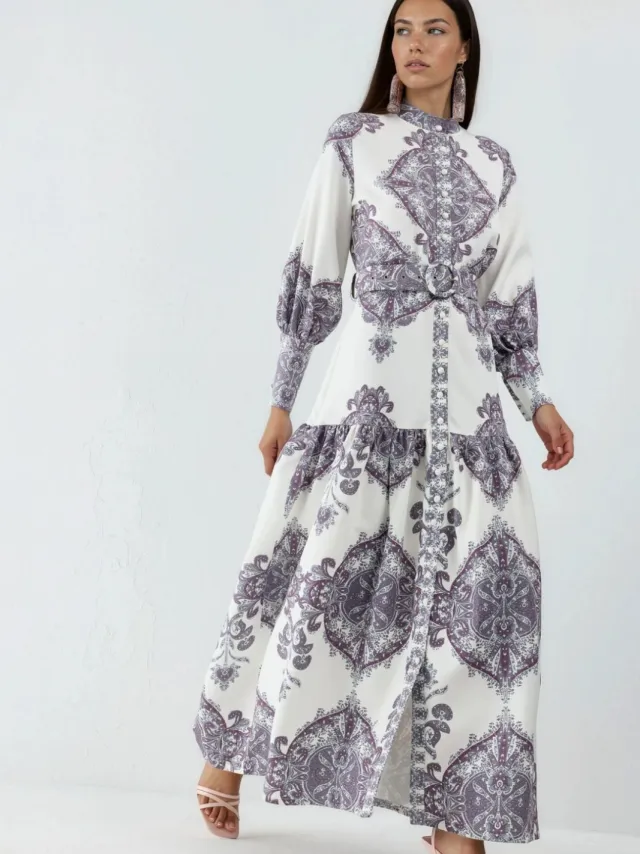 MSN Collection Paisley-print maxi-jurk met riem en overhemdkraag Veelkleurig