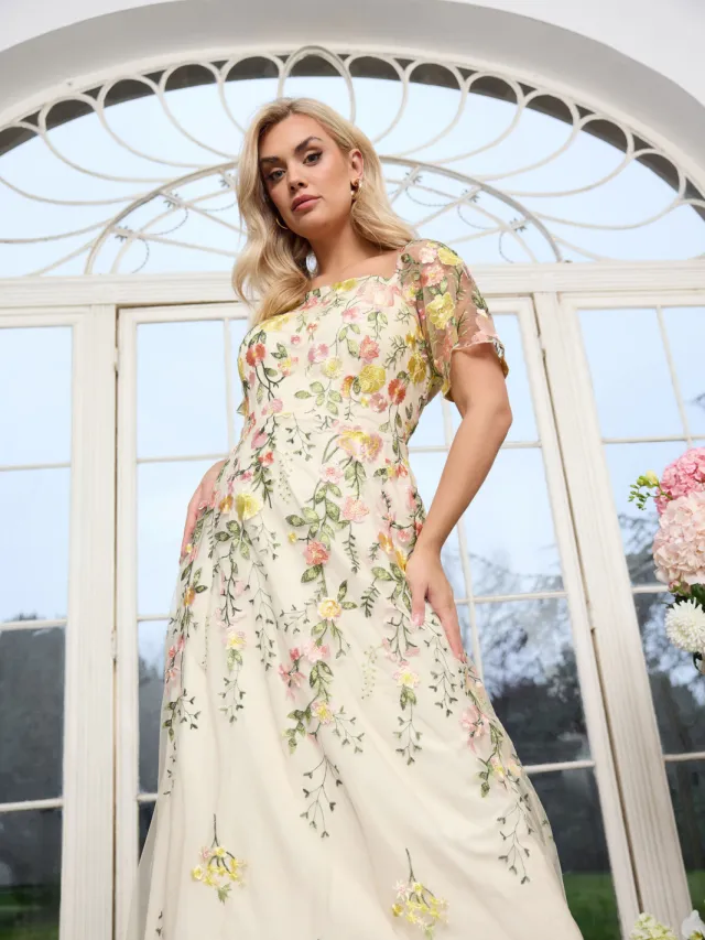 Yours London Gele Maxijurk Met Geborduurde Bloemen geel, foto 2