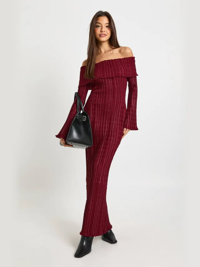 boohoo Dames Getextureerde Bardot Maxi-jurk Wijn