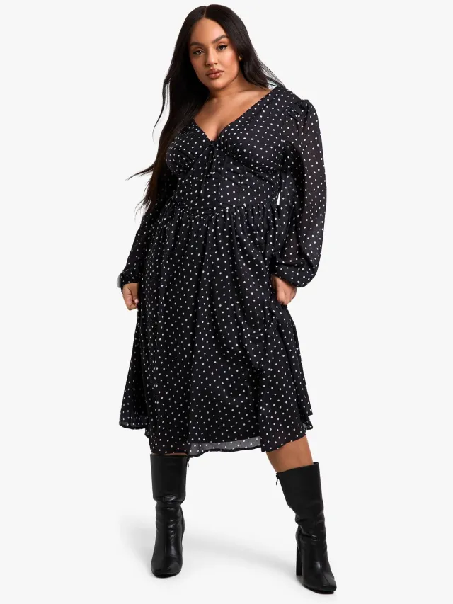 boohoo Dames Plus geweven polkadot Milkmaid Midi Skater jurk Zwart