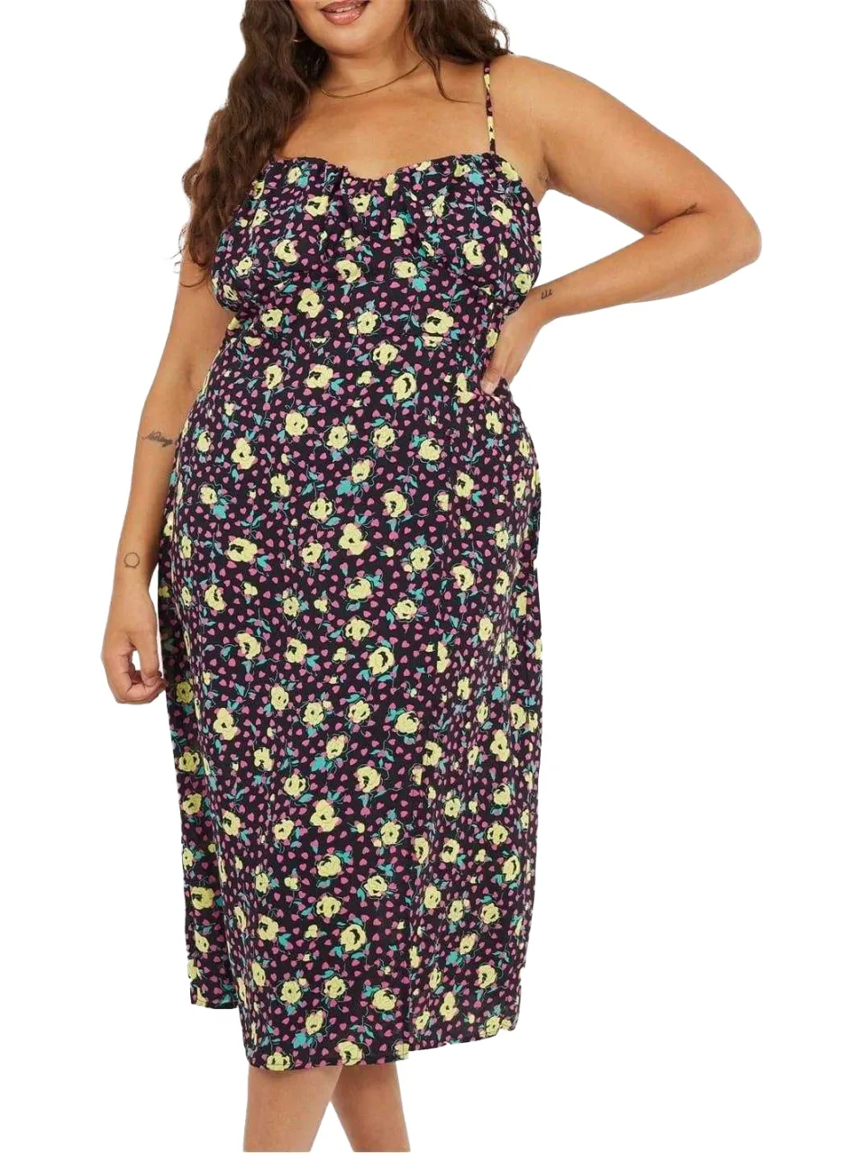 Brave Soul Midi-jurk met gebogen spaghettibandjes en bloemenprint voor dames (Zwart/Groen/Geel), foto 2