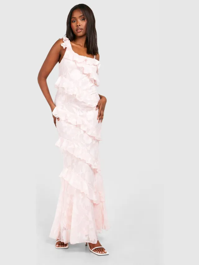 boohoo Dames Textuur Geraffelde Asymmetrische Maxi-Jurk Roze