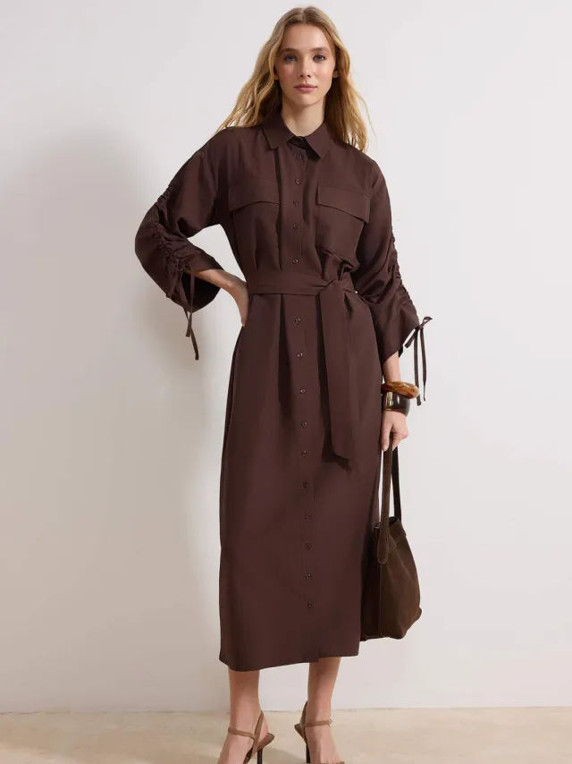 Trendyol Modest Dames Bruin Effen Maxi Lang Casual Blousejurk Modest Jurken