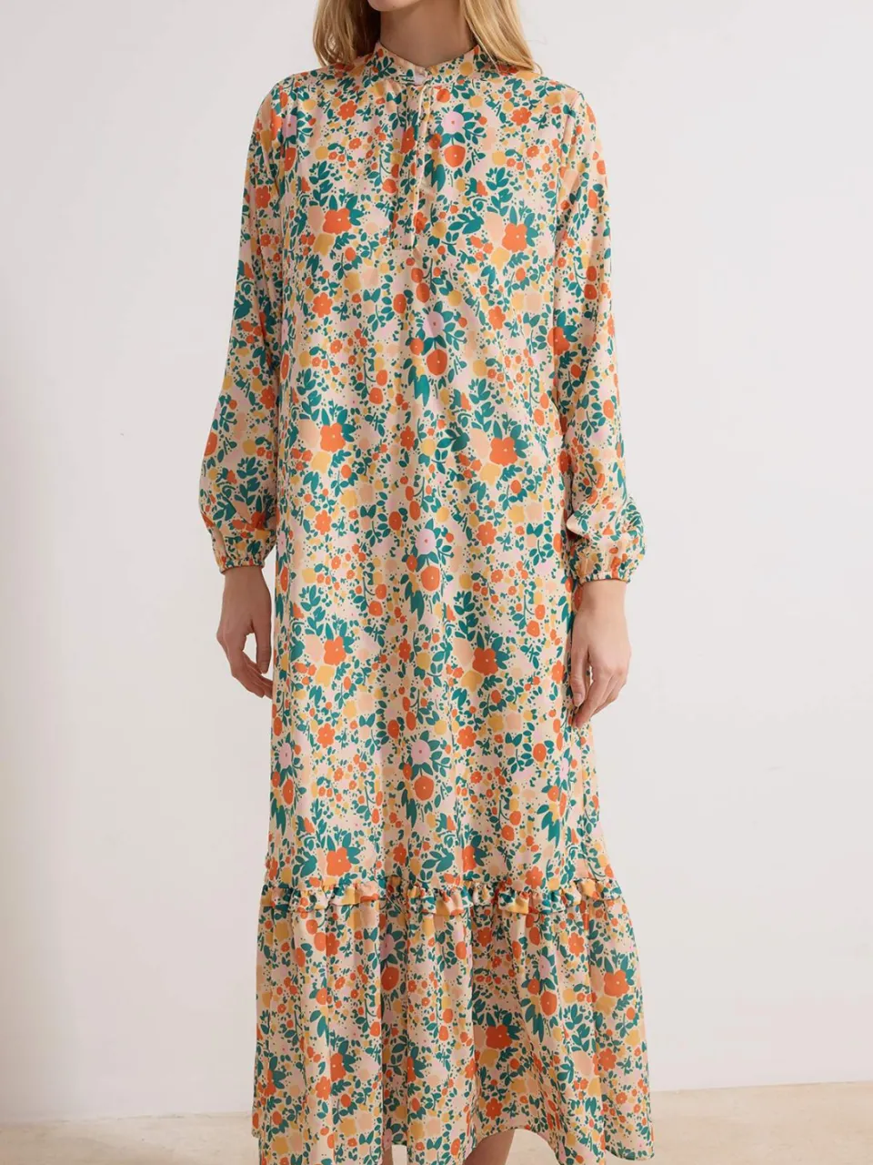 Trendyol Modest Dames Oranje Bloemen Maxi Lang Casual A-lijn Modest Jurken, foto 2