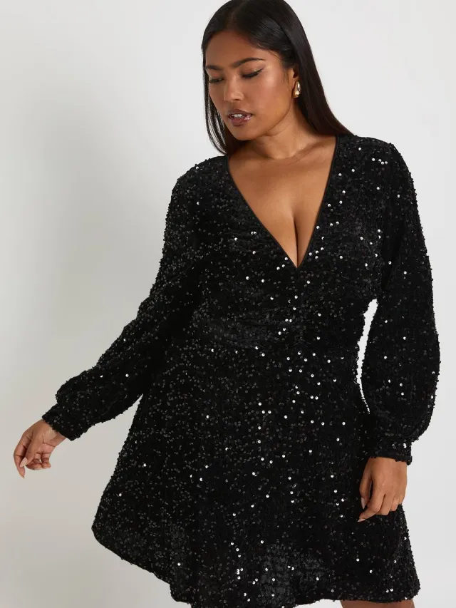 boohoo Dames Plus V-hals fluweel pailletten skaterjurk Zwart