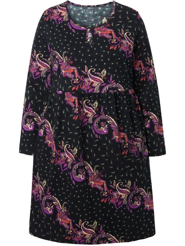 Ulla Popken Dames - Jersey jurk paisley A-lijn ronde hals lange mouw - Zwart - Maat 66+