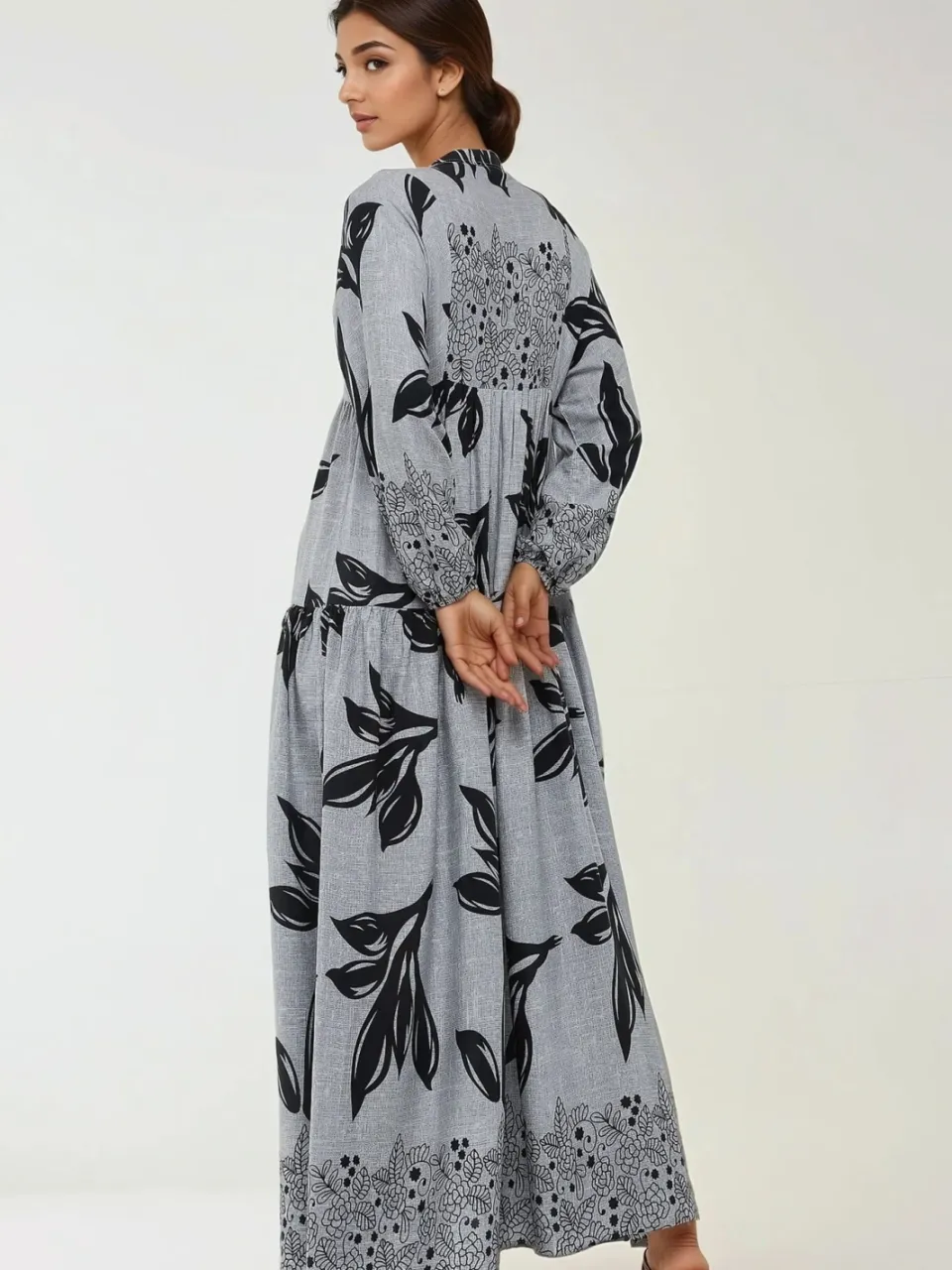 Hiccup Geprinte Lange Mouwen Viscose Maxi Jurk marineblauw, foto 2
