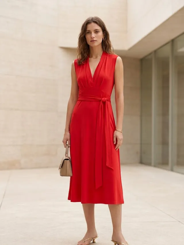 Conquista Mouwloze midi-jurk met wikkeltaille Rood