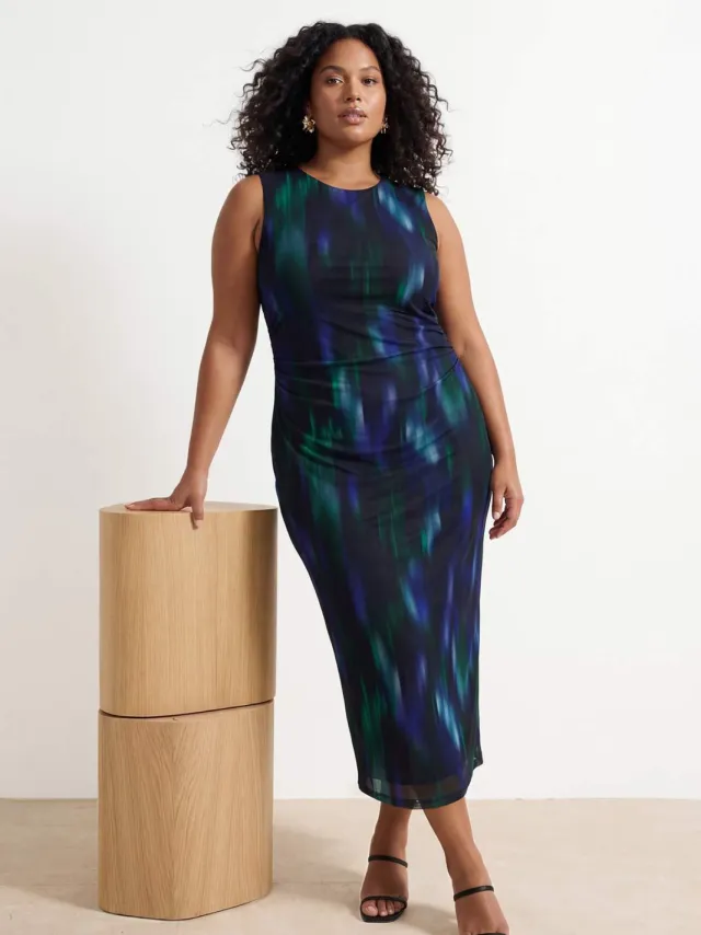 Trendyol Curve Dames Meerkleurig Grafisch Midi Mouwloos Casual Recht Grote maten Jurk Veelkleurig