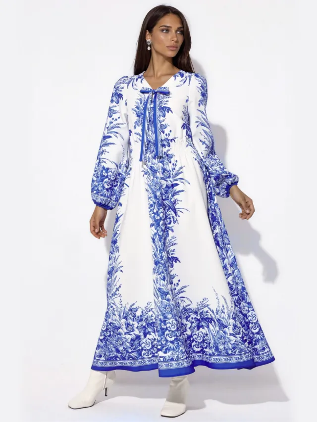 MSN Collection Gedrukte V-hals Maxi Jurk met Strikdetail Veelkleurig