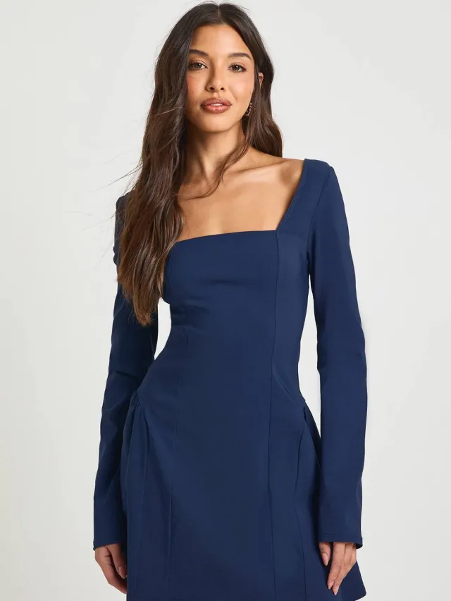 boohoo Dames Bengaline Vierkante Hals Getailleerde Skater Jurk Marineblauw
