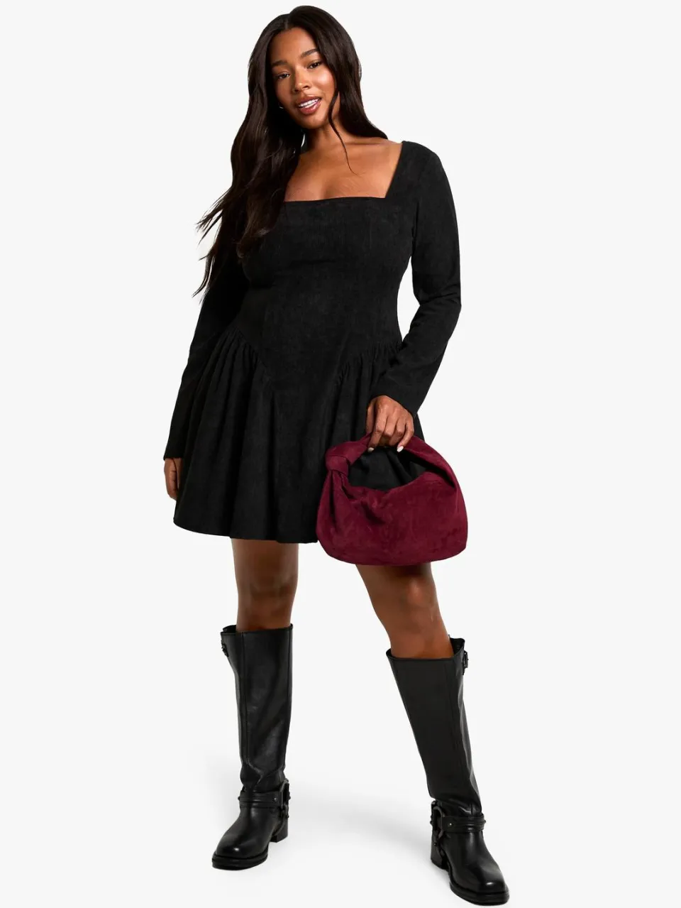 boohoo Dames plus cord melkmeid skater jurk zwart, foto 3