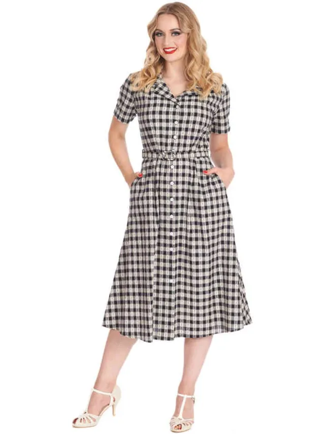 Banned Cherry Check Flare jurk - L - Blauw
