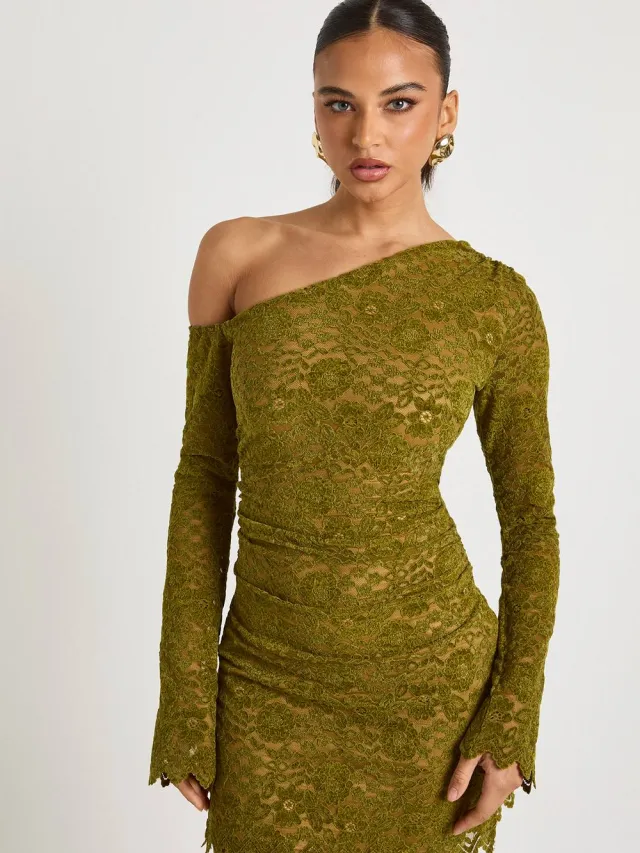 boohoo Dames Fluwelen kant lange mouw mini-jurk groente, foto 2