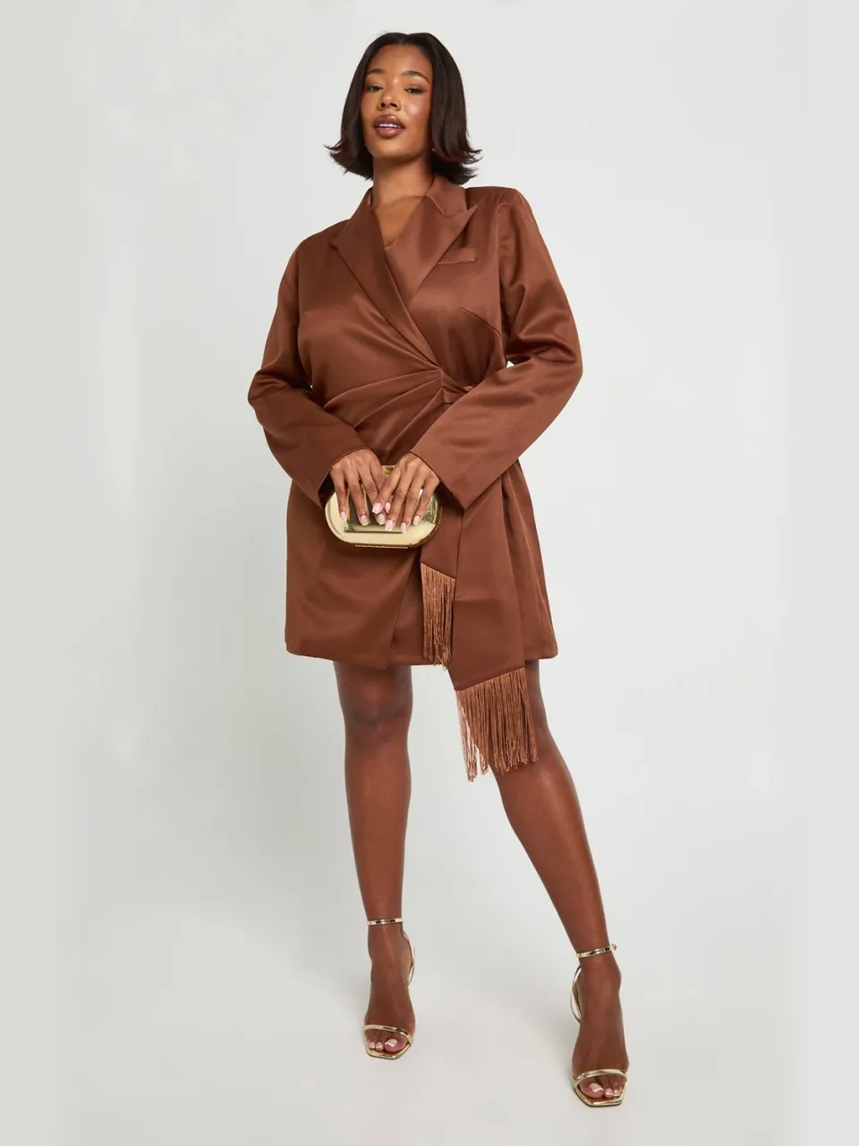 boohoo Dames Plus Kwast Blazer Jurk chocoladebruin, foto 3