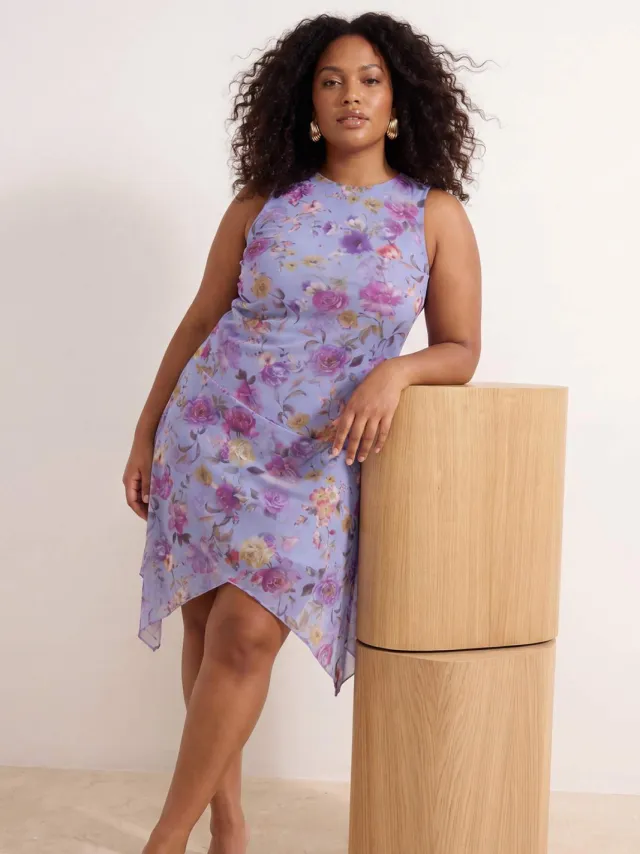 Trendyol Curve Dames Paars Bloemen Midi Mouwloos Casual A-lijn Grote maten Jurk Lila